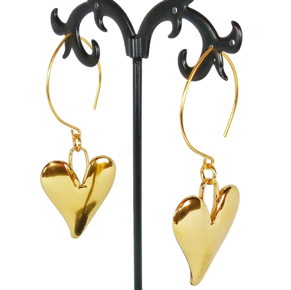 Gold Dangling Hearts Earrings Lovecore Coquette Girl Boho Americana Retro Style - Picture 1 of 8